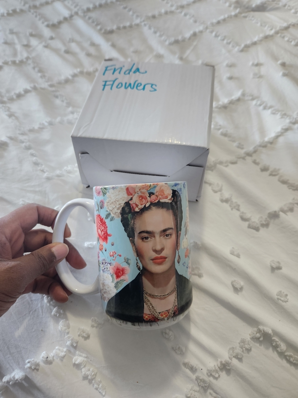 Frida Kahlo Floral Portrait Ceramic Mug - Blue Background